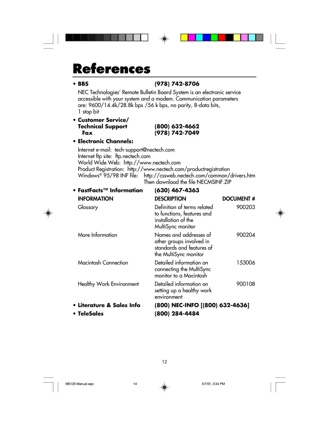 NEC MS125 manual References 