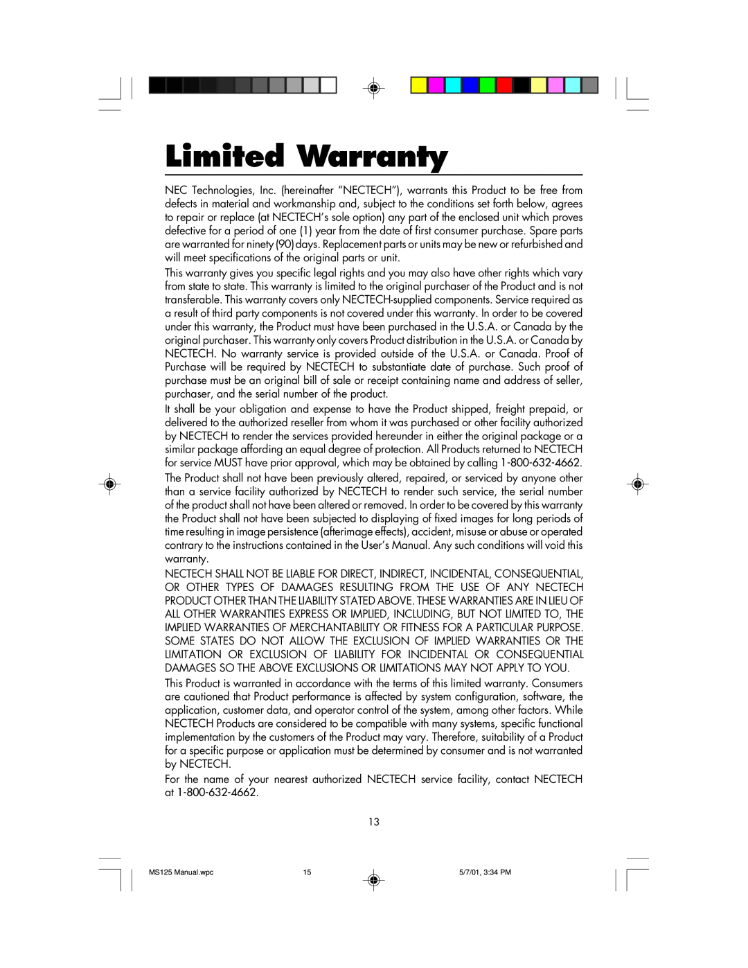 NEC MS125 manual Limited Warranty 
