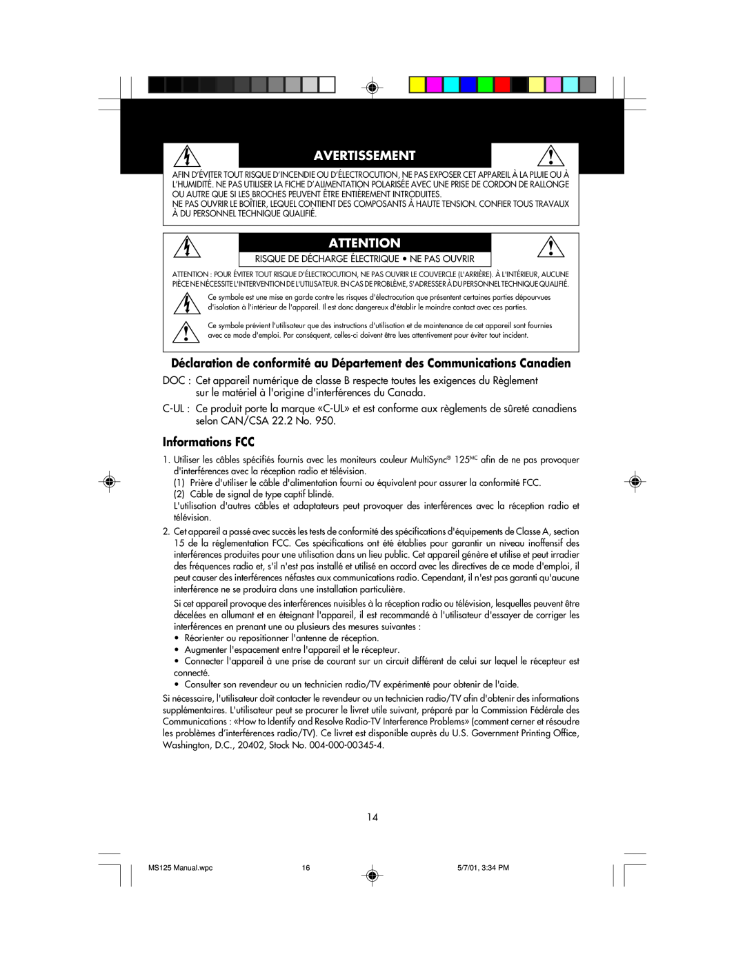NEC MS125 manual Avertissement, Informations FCC 