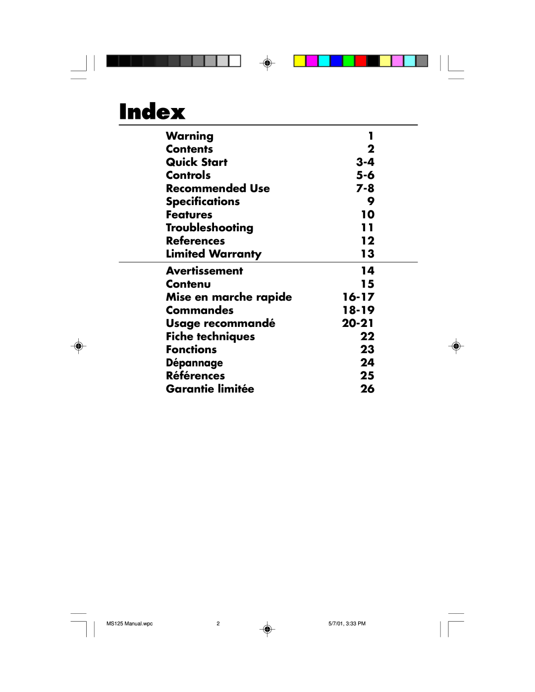 NEC MS125 manual Index 