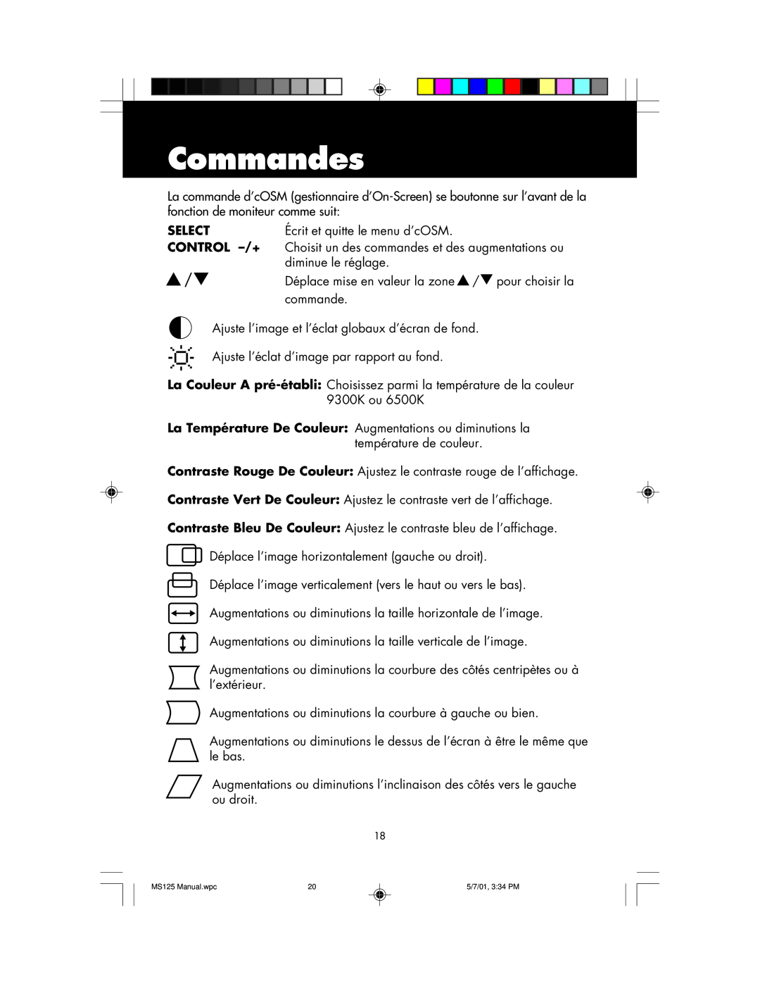 NEC MS125 manual Commandes 