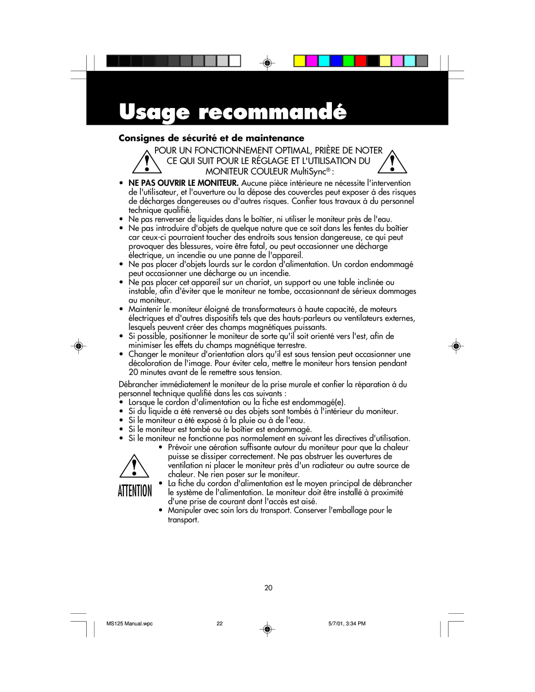 NEC MS125 manual Usage recommandé, Consignes de sécurité et de maintenance 