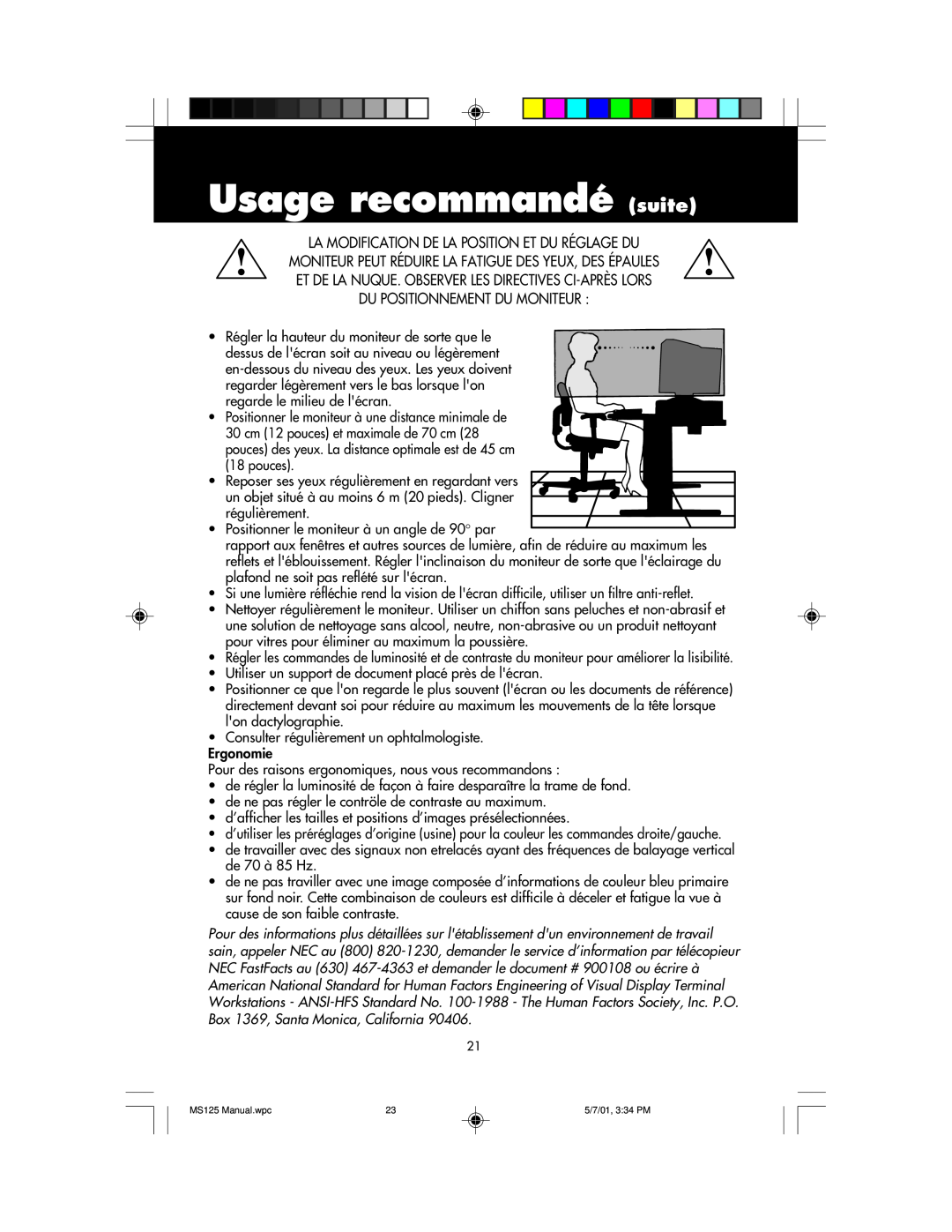 NEC MS125 manual Usage recommandé suite, La Modification De La Position Et Du Réglage Du, Du Positionnement Du Moniteur 