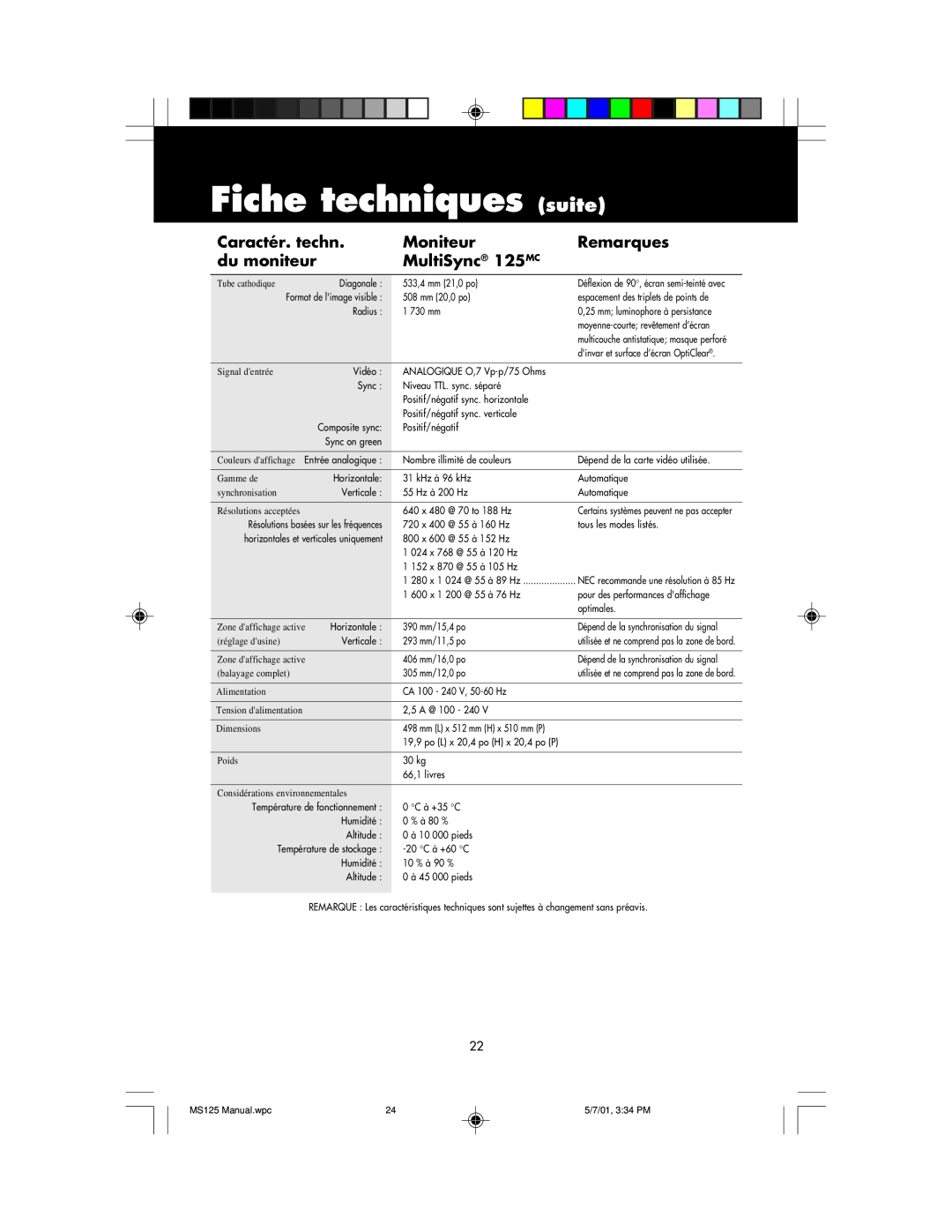NEC MS125 manual Fiche techniques suite, Caractér. techn, Moniteur, Remarques, du moniteur, MultiSync 125MC 