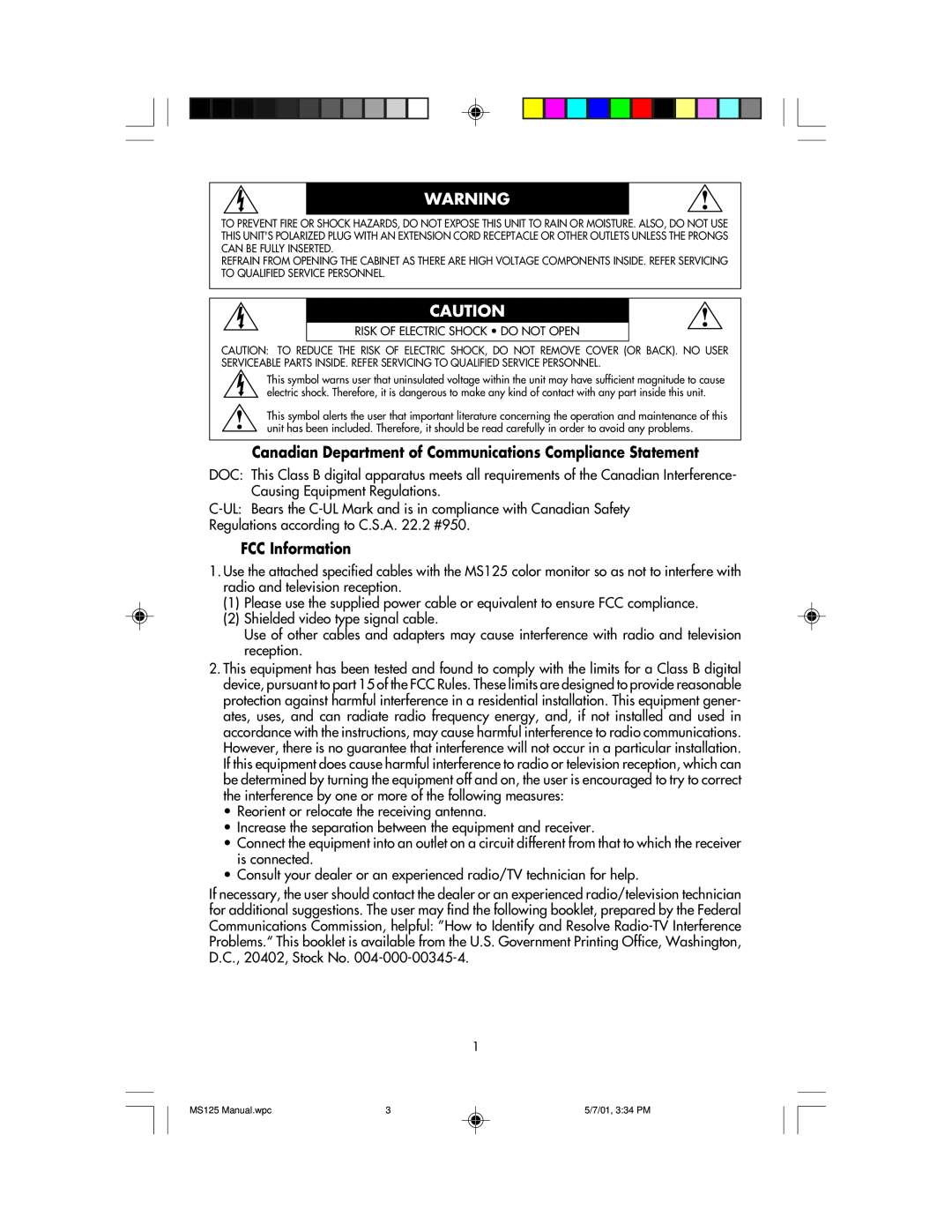 NEC MS125 manual FCC Information 