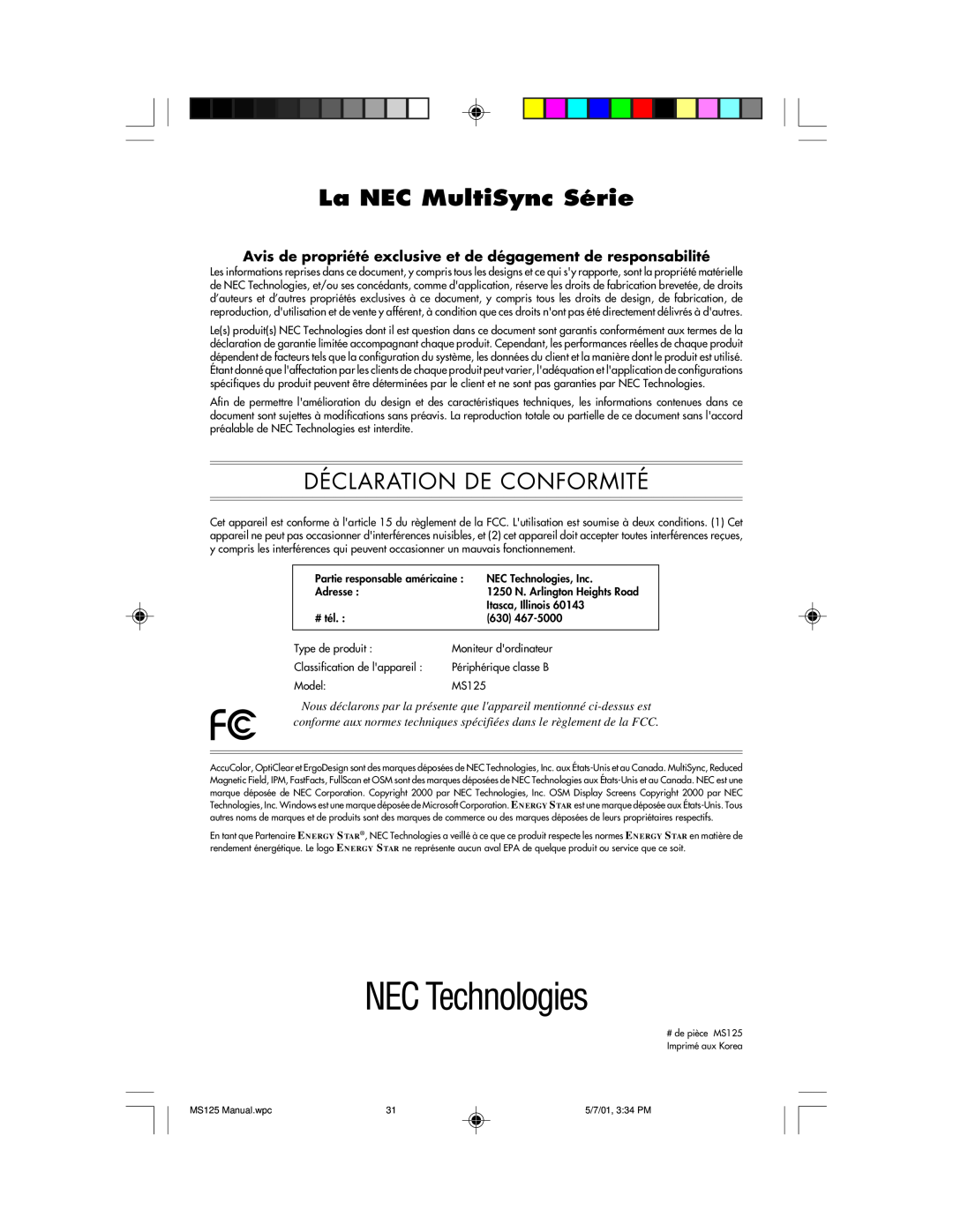 NEC MS125 manual La NEC MultiSync Série, Déclaration De Conformité 