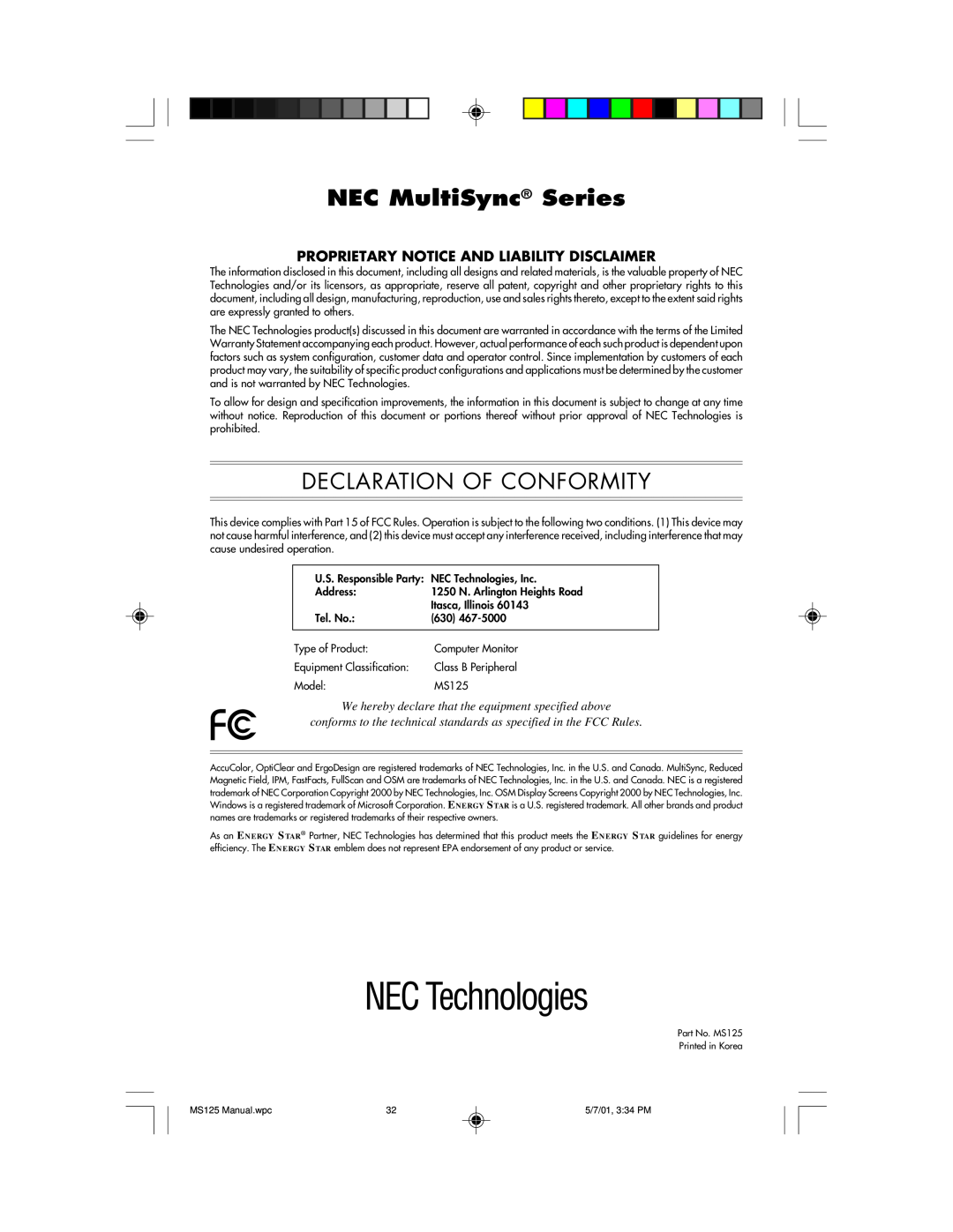 NEC MS125 manual NEC MultiSync Series, Declaration Of Conformity, Proprietary Notice And Liability Disclaimer 