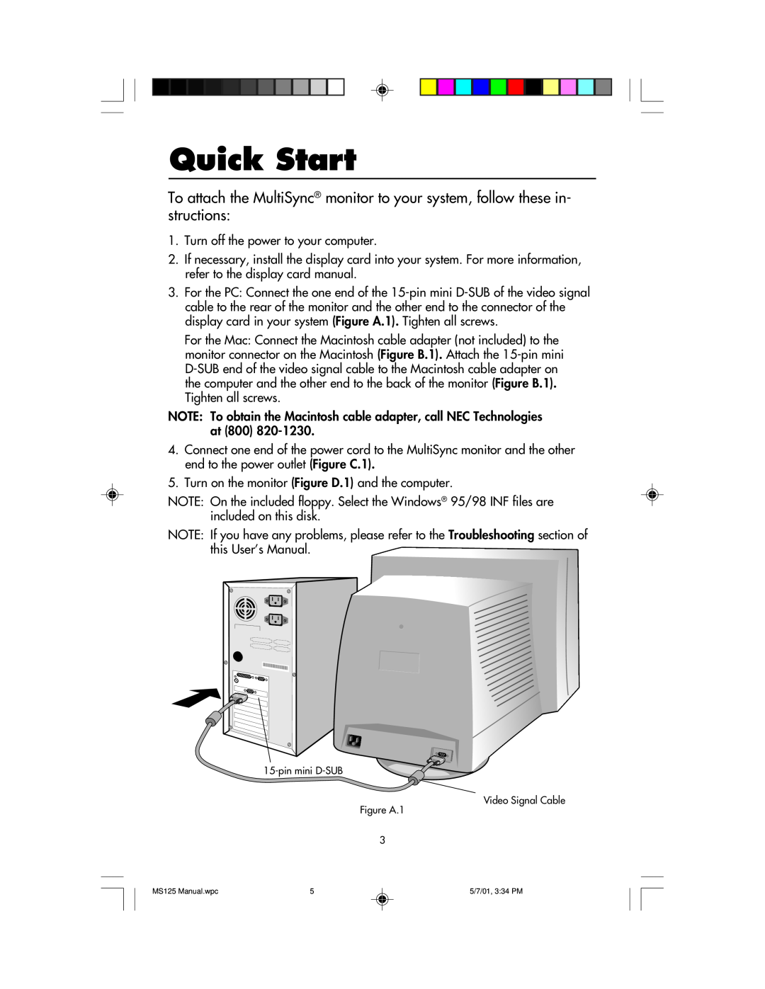 NEC MS125 manual Quick Start 
