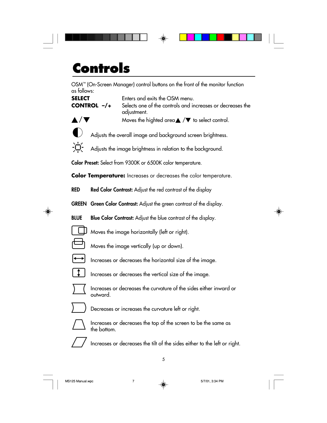 NEC MS125 manual Controls, Select, Enters and exits the OSM menu, Control -/+, adjustment 