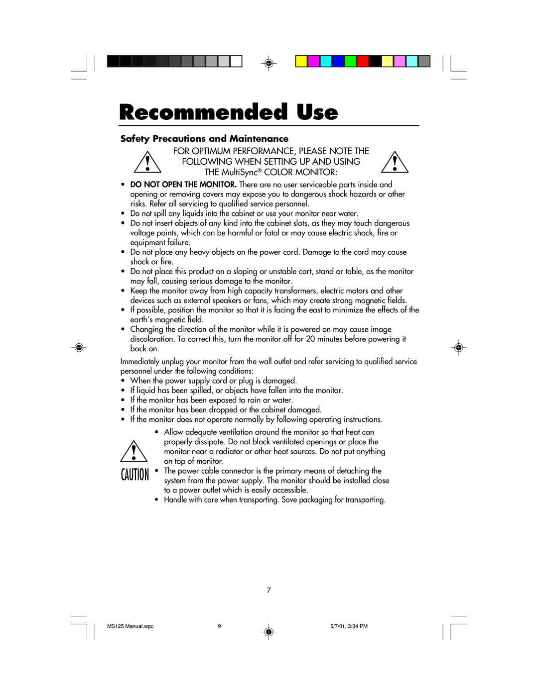 NEC MS125 manual Recommended Use, Safety Precautions and Maintenance 