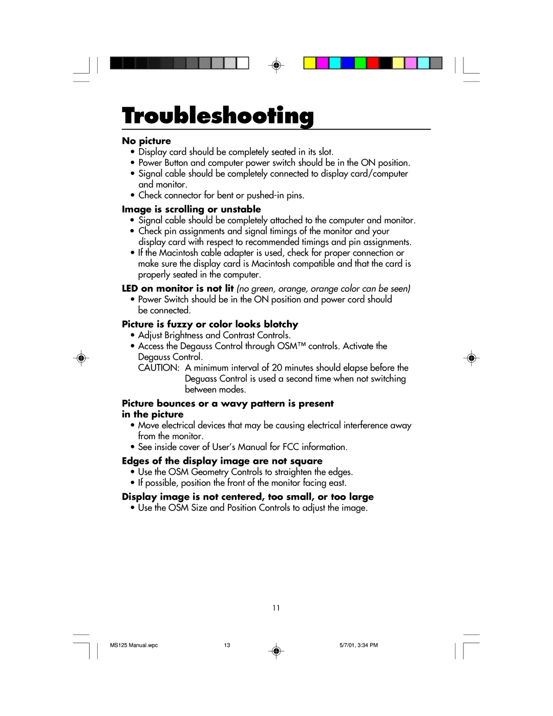 NEC MS125 manual Troubleshooting 