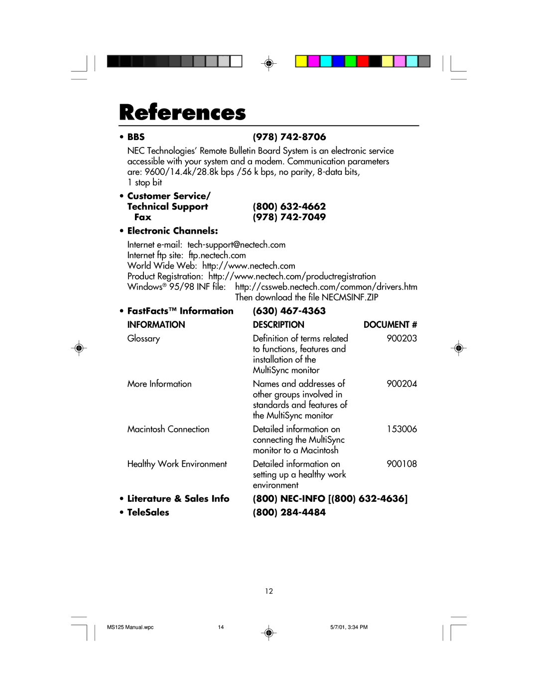 NEC MS125 manual References, 978, FastFacts Information 630, Literature & Sales Info NEC-INFO 800 TeleSales 