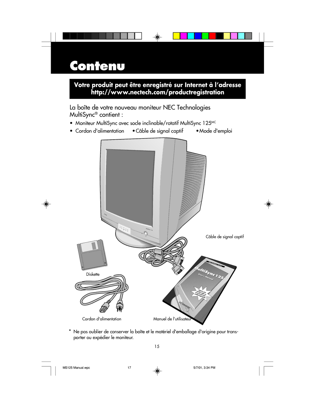 NEC MS125 manual Contenu, Votre produit peut être enregistré sur Internet à l’adresse 