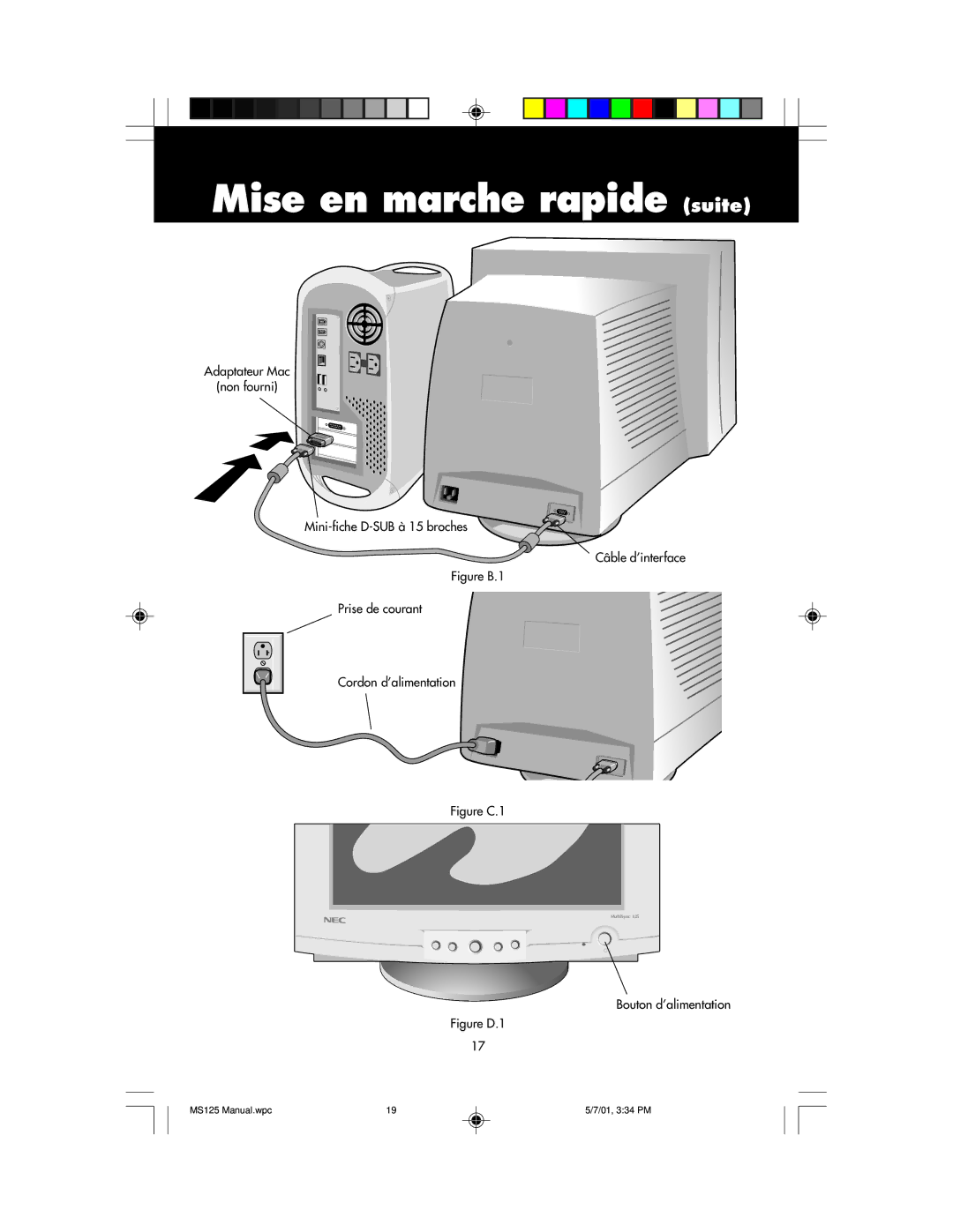 NEC MS125 manual Mise en marche rapide suite, Figure B.1 Prise de courant Cordon d’alimentation 