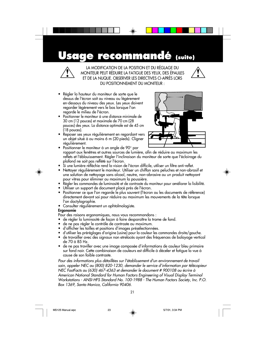 NEC MS125 manual Usage recommandé suite 