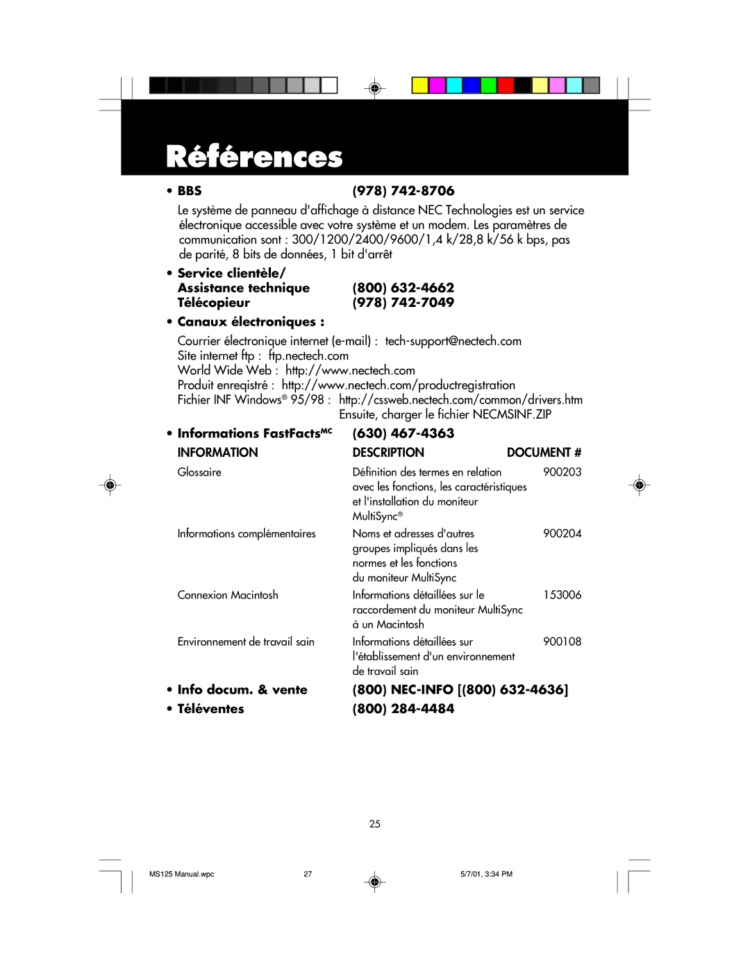 NEC MS125 manual Références, Informations FastFactsMC 630, Info docum. & vente NEC-INFO 800 Téléventes 