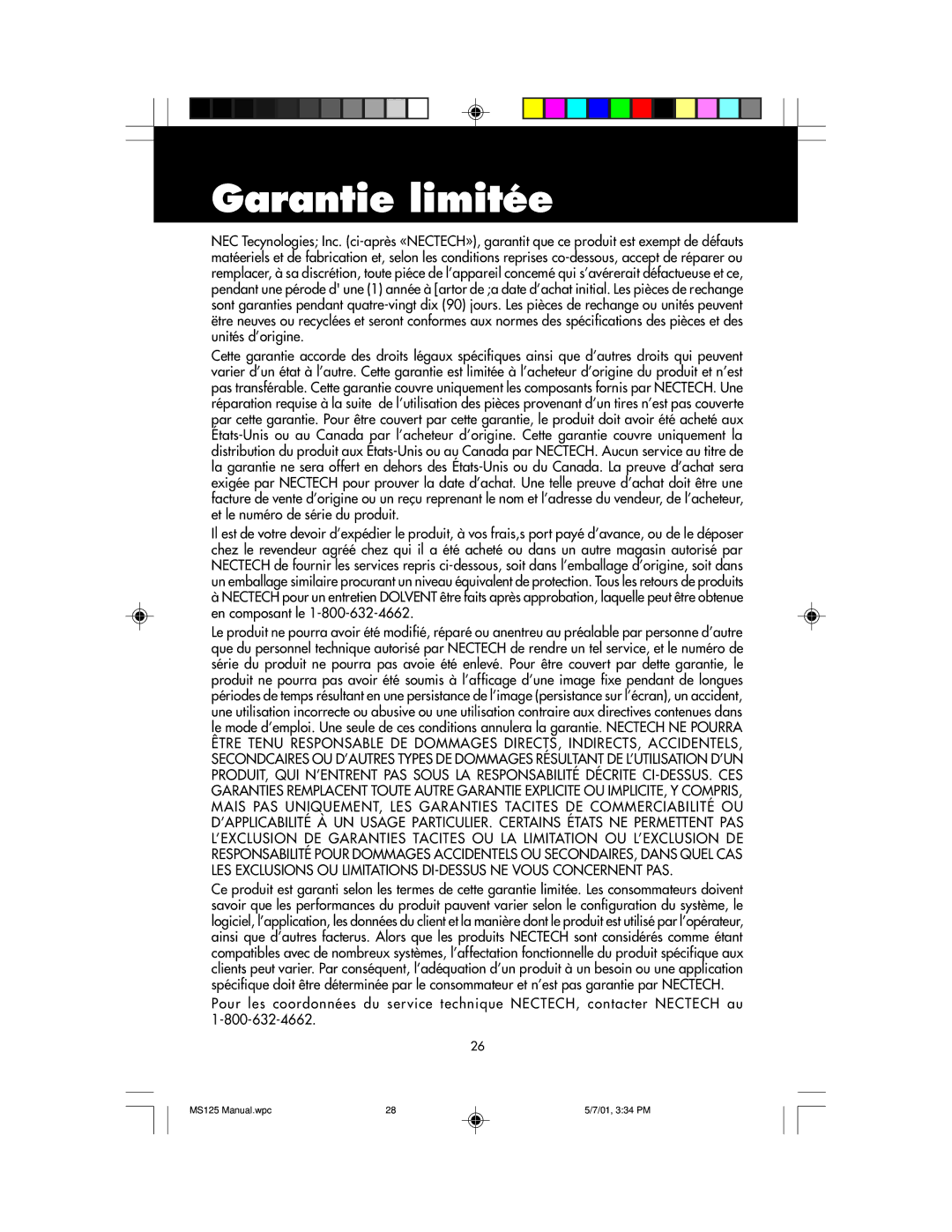 NEC MS125 manual Garantie limitée 