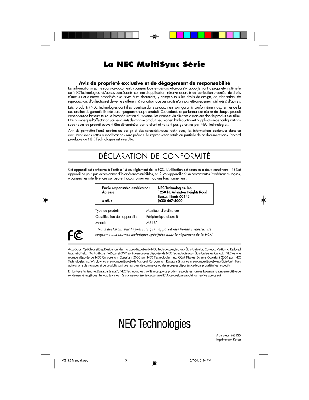 NEC MS125 manual La NEC MultiSync Série 