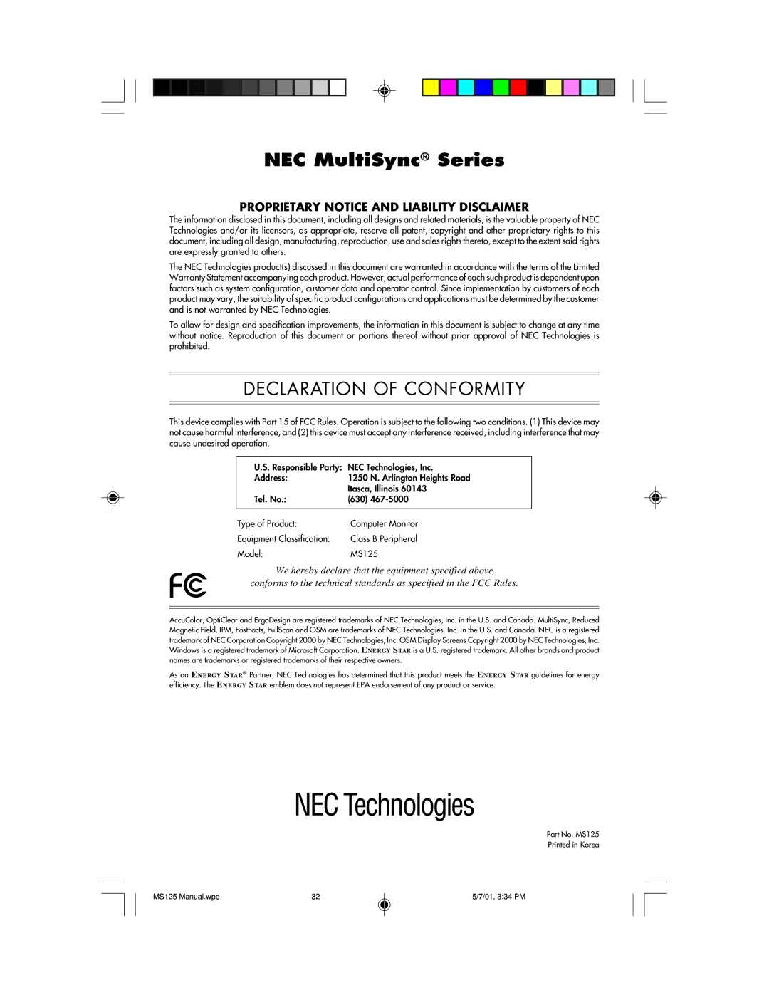 NEC MS125 manual NEC MultiSync Series 