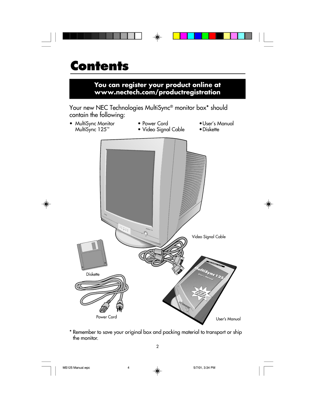 NEC MS125 manual Contents 