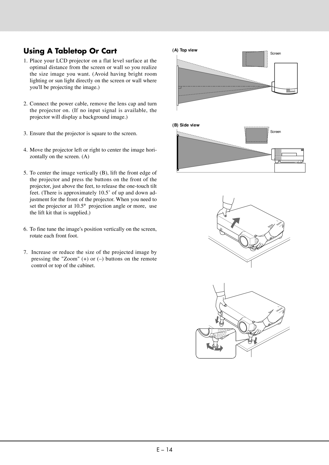 NEC MT 1020G /820G user manual Using a Tabletop Or Cart, Side view 