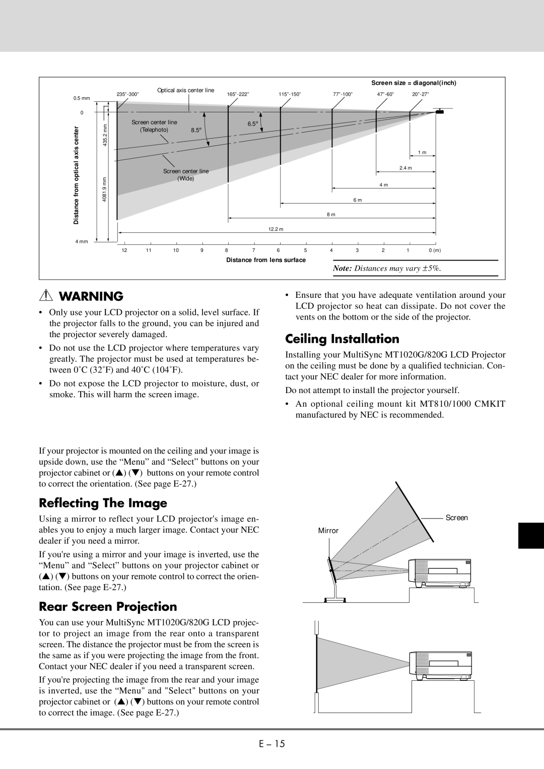 NEC MT 1020G /820G user manual Reflecting The Image, Rear Screen Projection, Ceiling Installation 