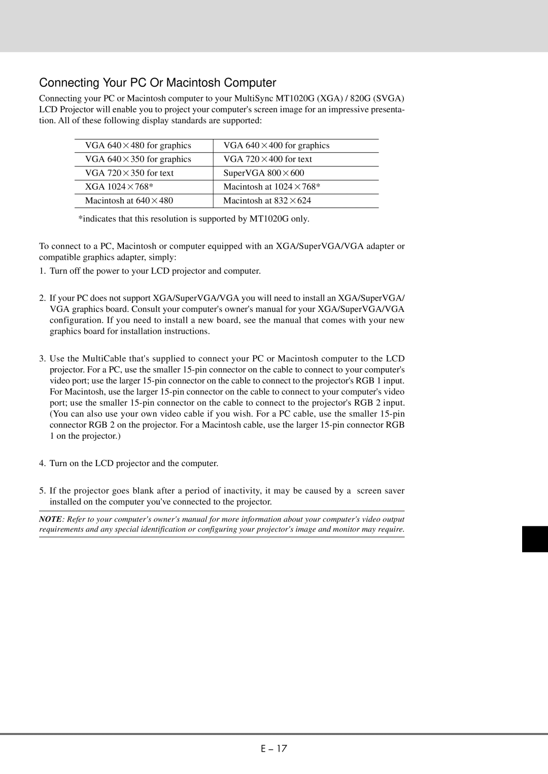 NEC MT 1020G /820G user manual Connecting Your PC Or Macintosh Computer 