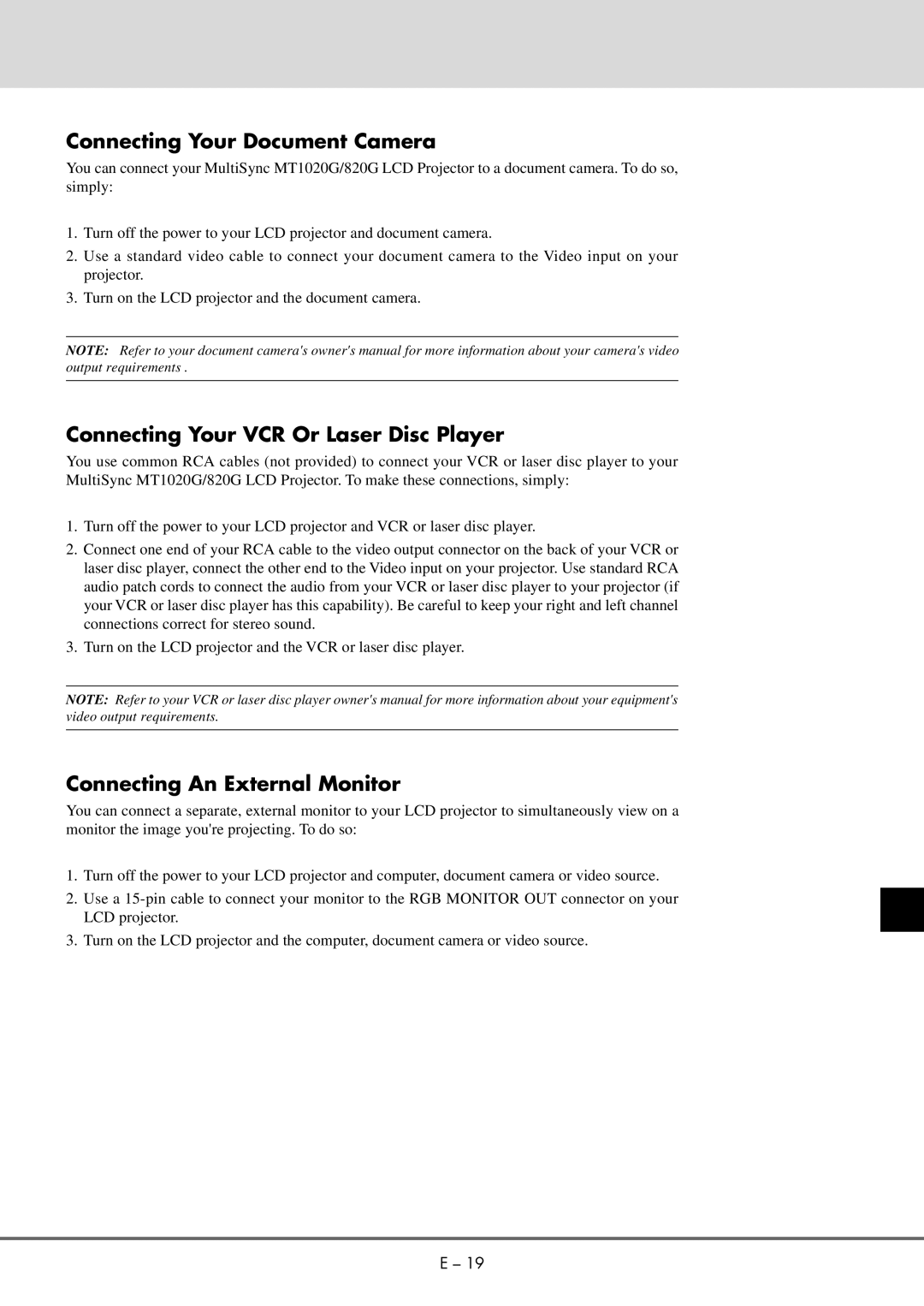 NEC MT 1020G /820G user manual Connecting Your Document Camera, Connecting Your VCR Or Laser Disc Player 