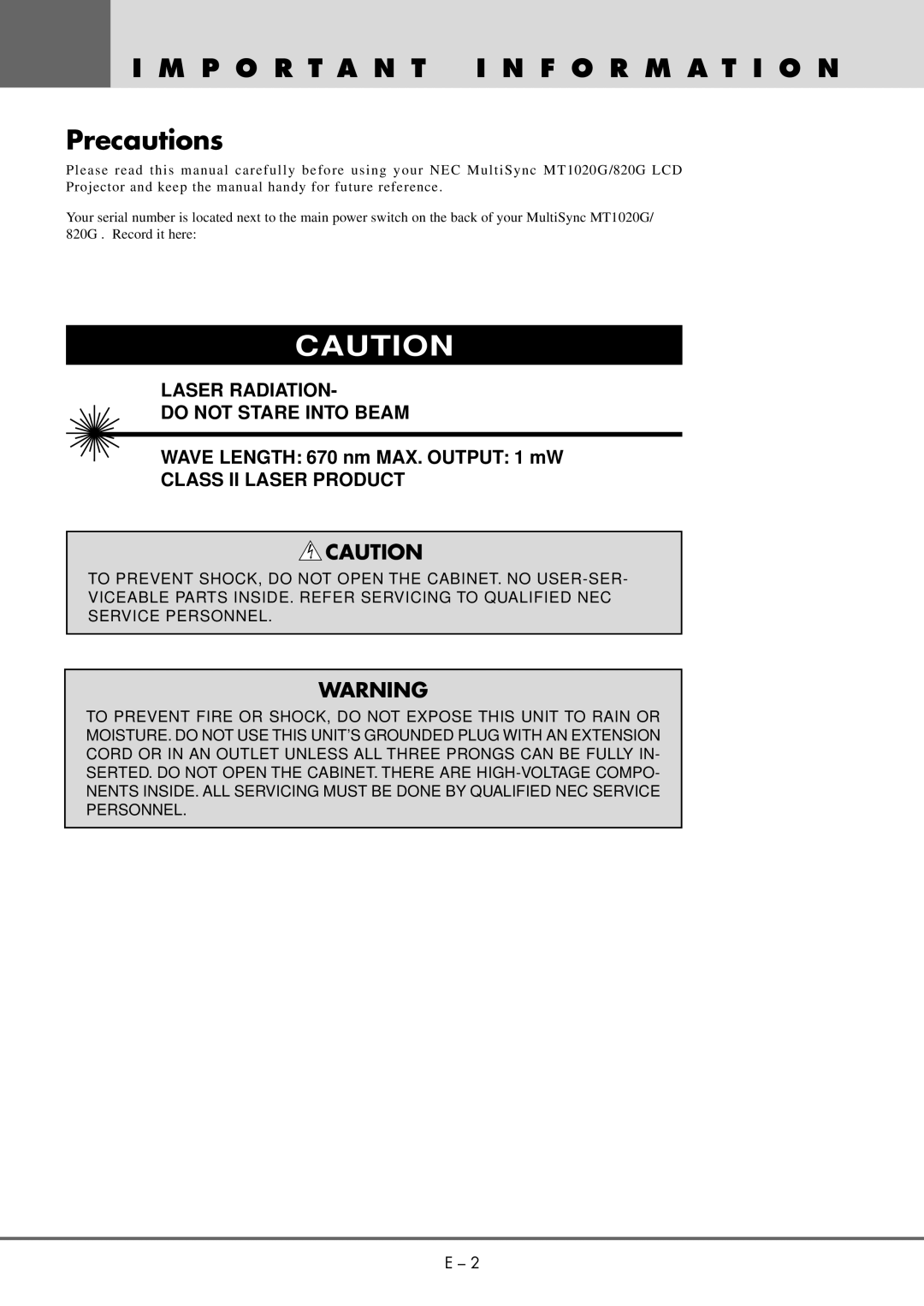 NEC MT 1020G /820G user manual Precautions 