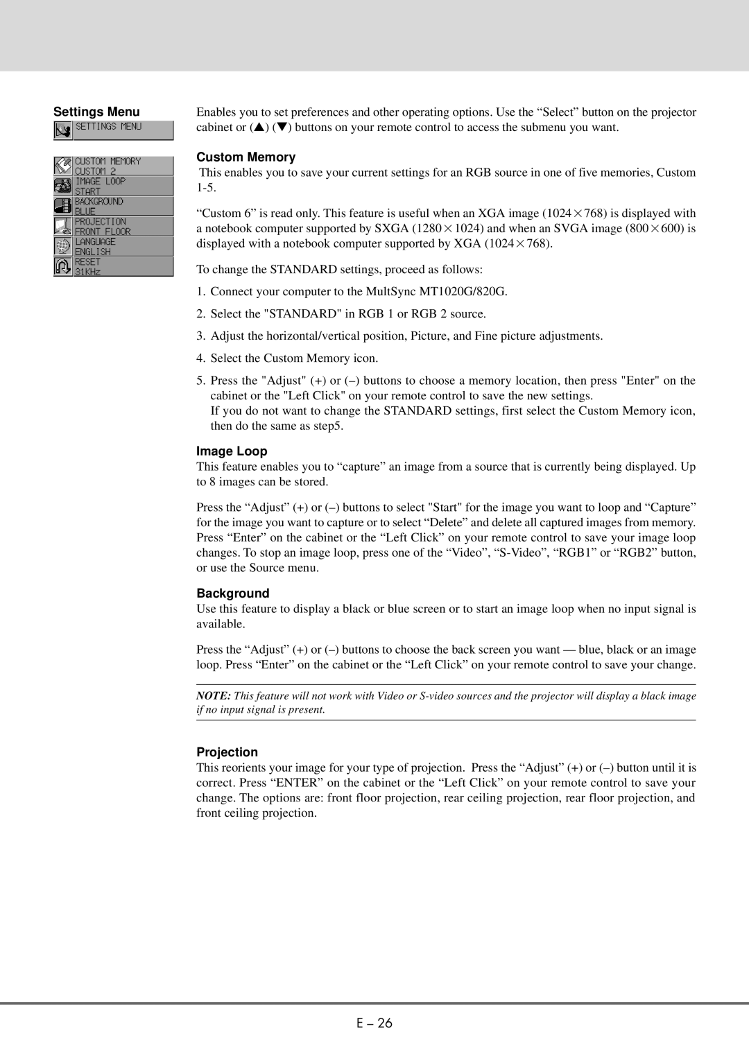 NEC MT 1020G /820G user manual Settings Menu, Custom Memory, Image Loop, Background, Projection 