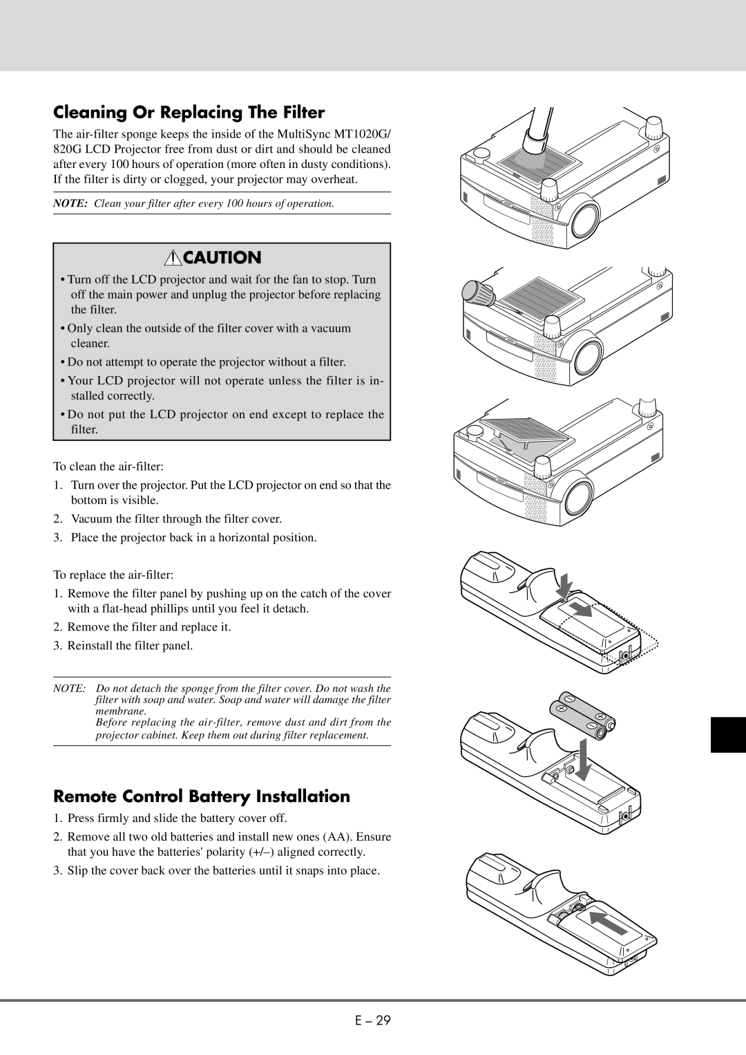 NEC MT 1020G /820G user manual Cleaning Or Replacing The Filter, Remote Control Battery Installation 