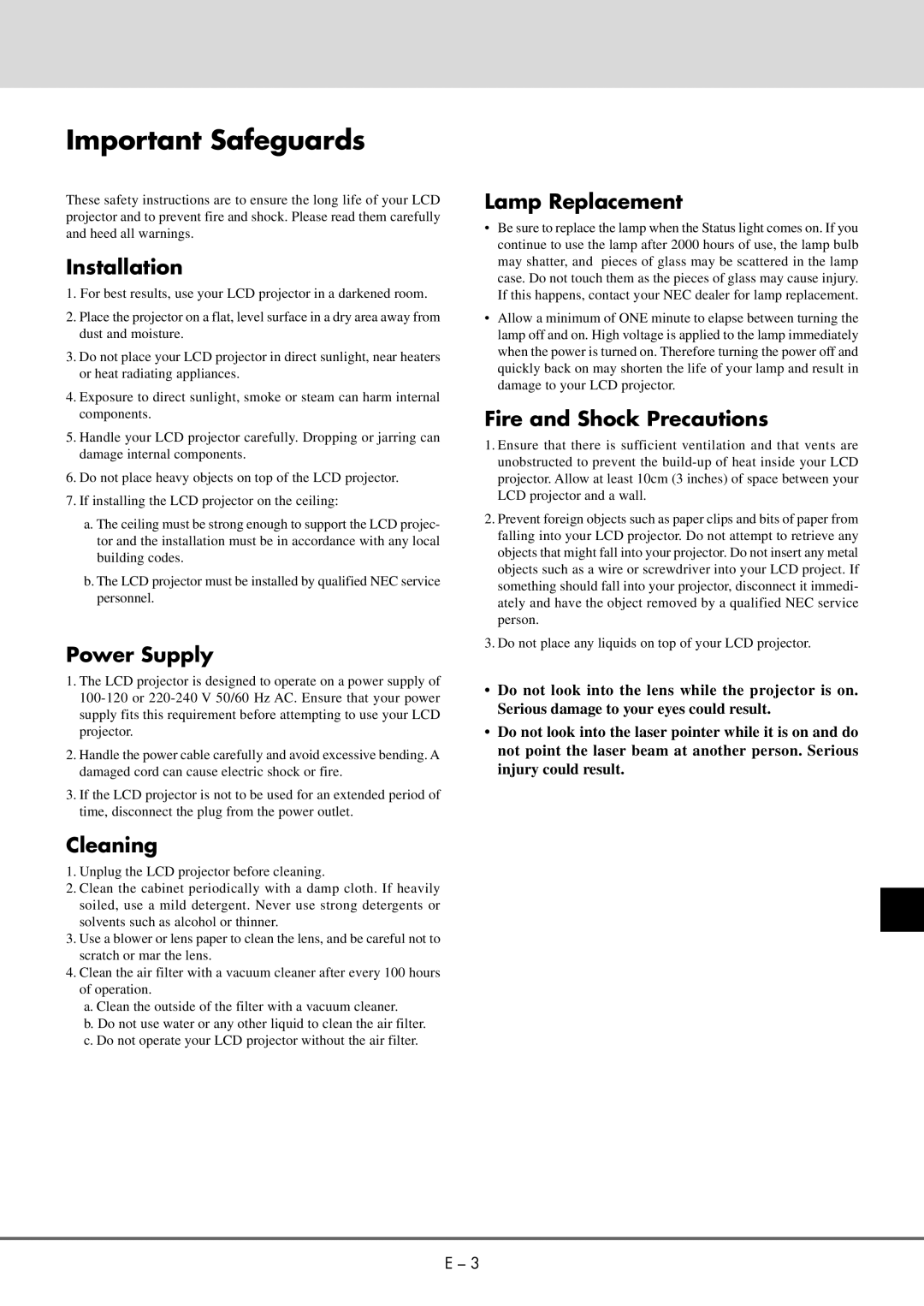 NEC MT 1020G /820G user manual Installation, Power Supply, Cleaning, Lamp Replacement, Fire and Shock Precautions 