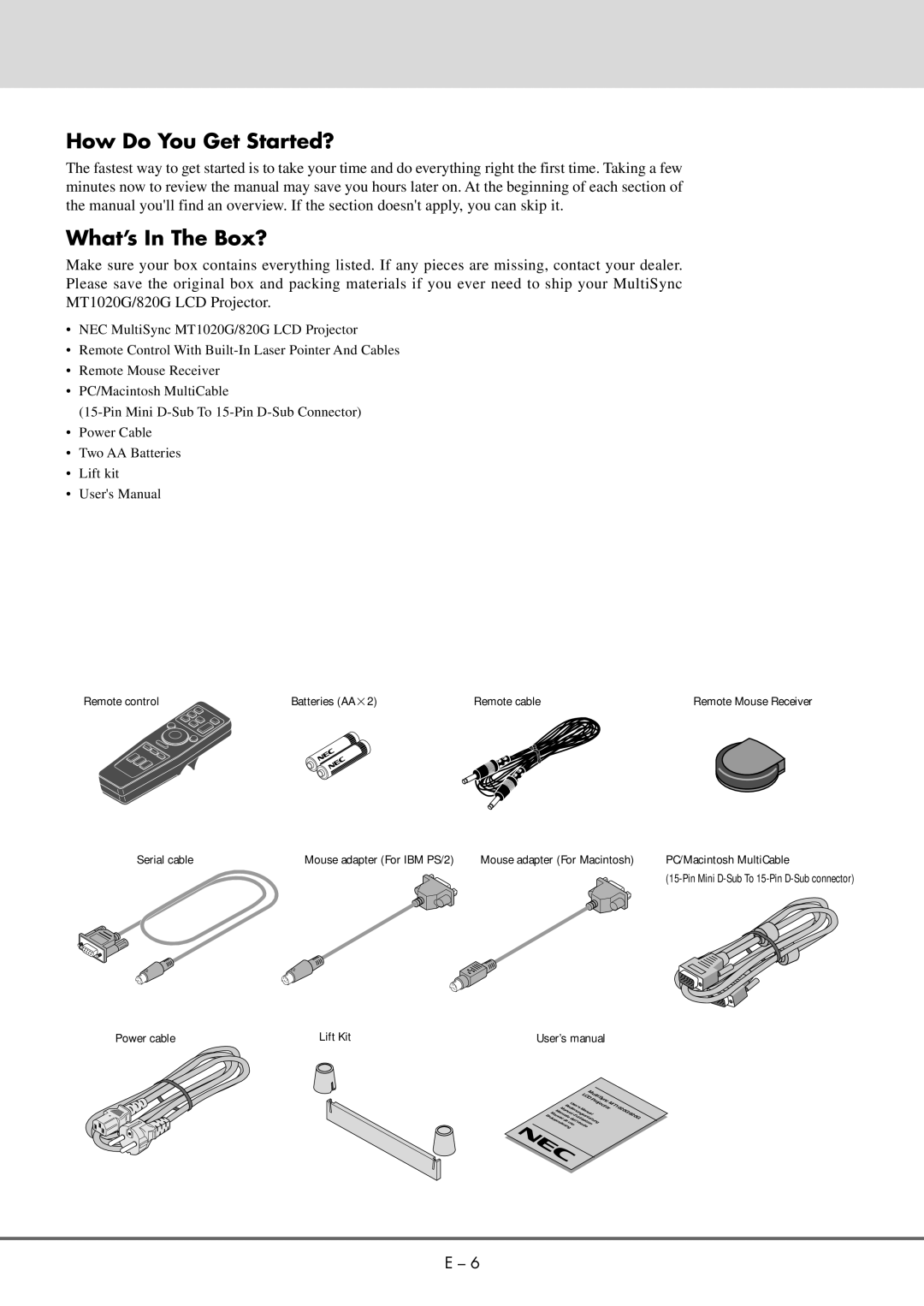 NEC MT 1020G /820G user manual How Do You Get Started?, What’s In The Box? 