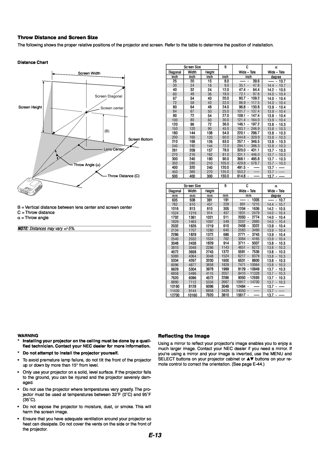 NEC MT1060 user manual E-13, Throw Distance and Screen Size, Reflecting the Image 