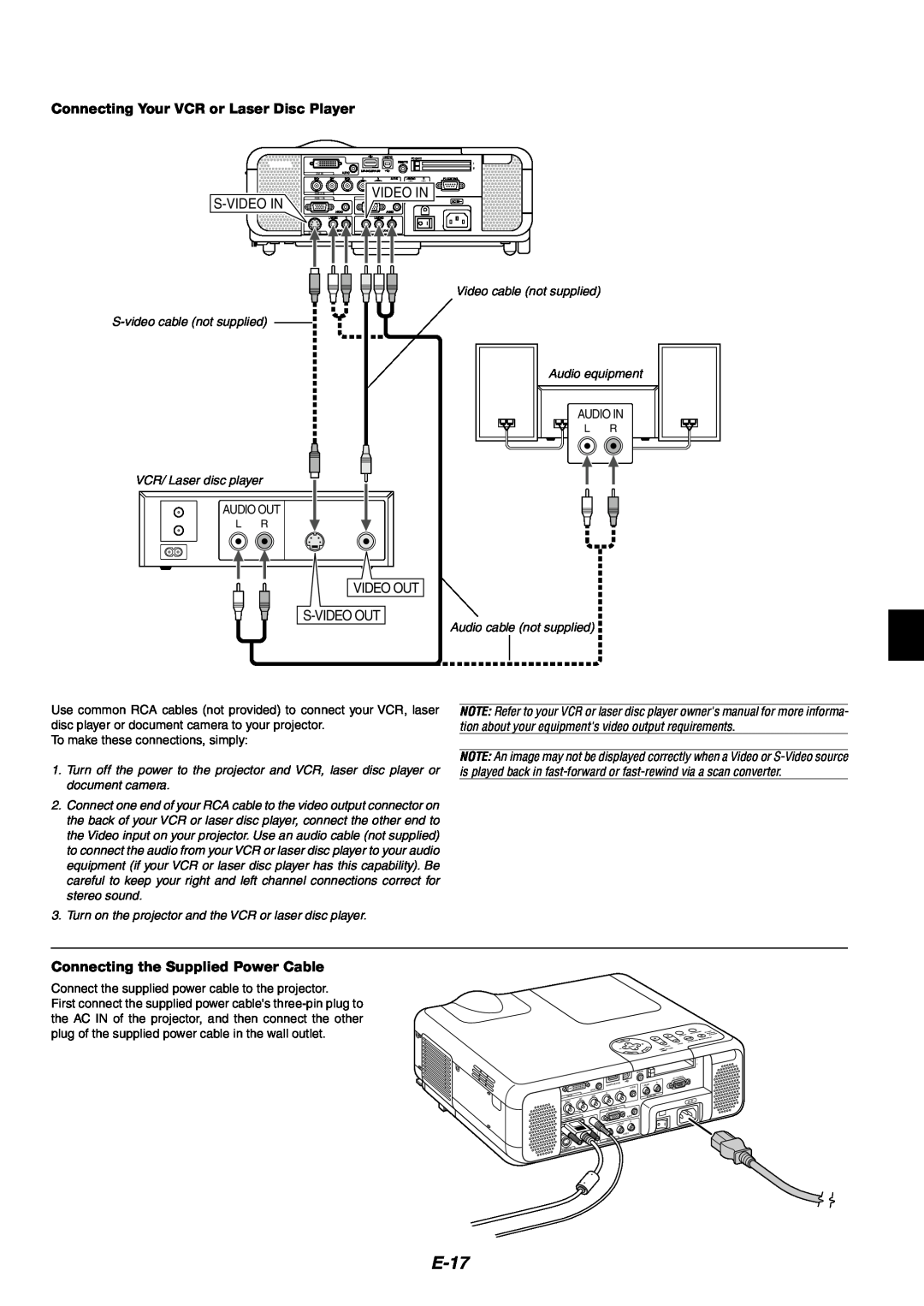 NEC MT1060 user manual E-17, Connecting Your VCR or Laser Disc Player, Connecting the Supplied Power Cable 