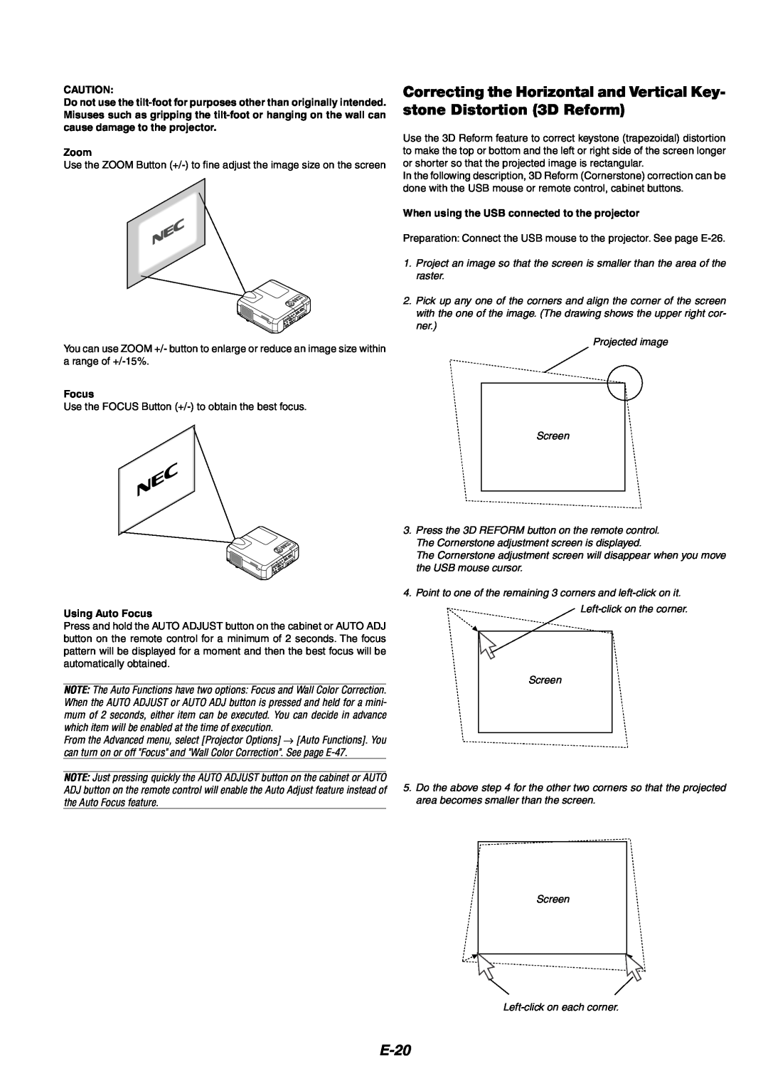 NEC MT1060 user manual E-20, Zoom, When using the USB connected to the projector, Using Auto Focus 