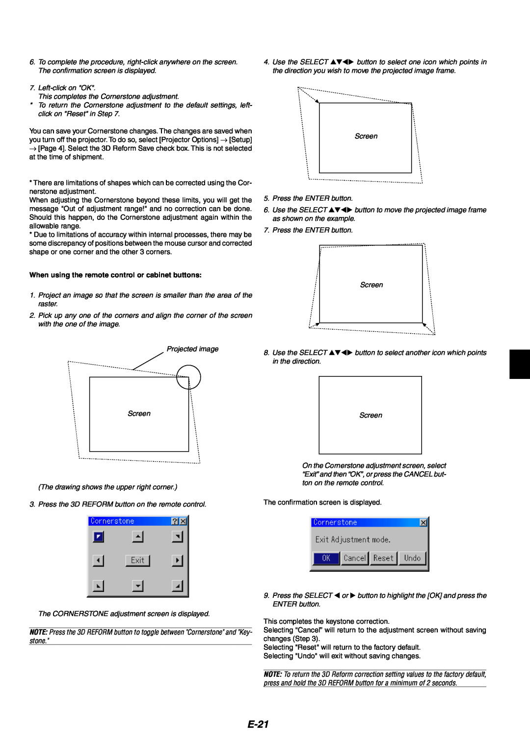 NEC MT1060 user manual E-21, When using the remote control or cabinet buttons 