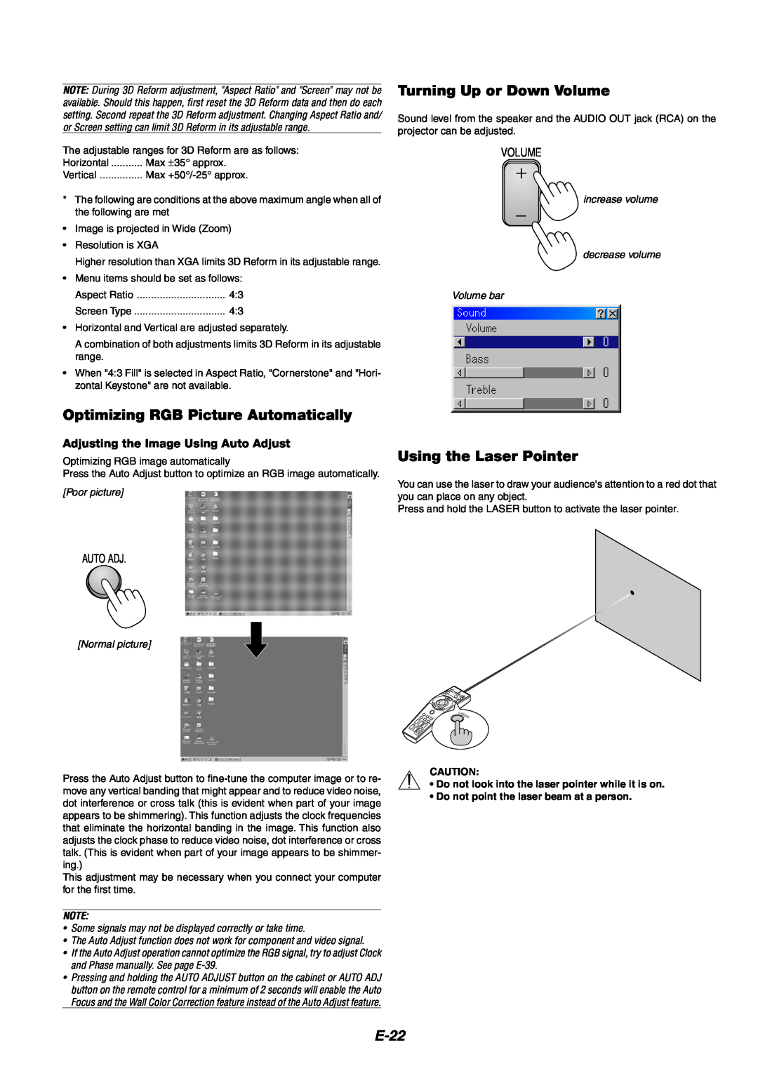 NEC MT1060 user manual Optimizing RGB Picture Automatically, Turning Up or Down Volume, Using the Laser Pointer, E-22 