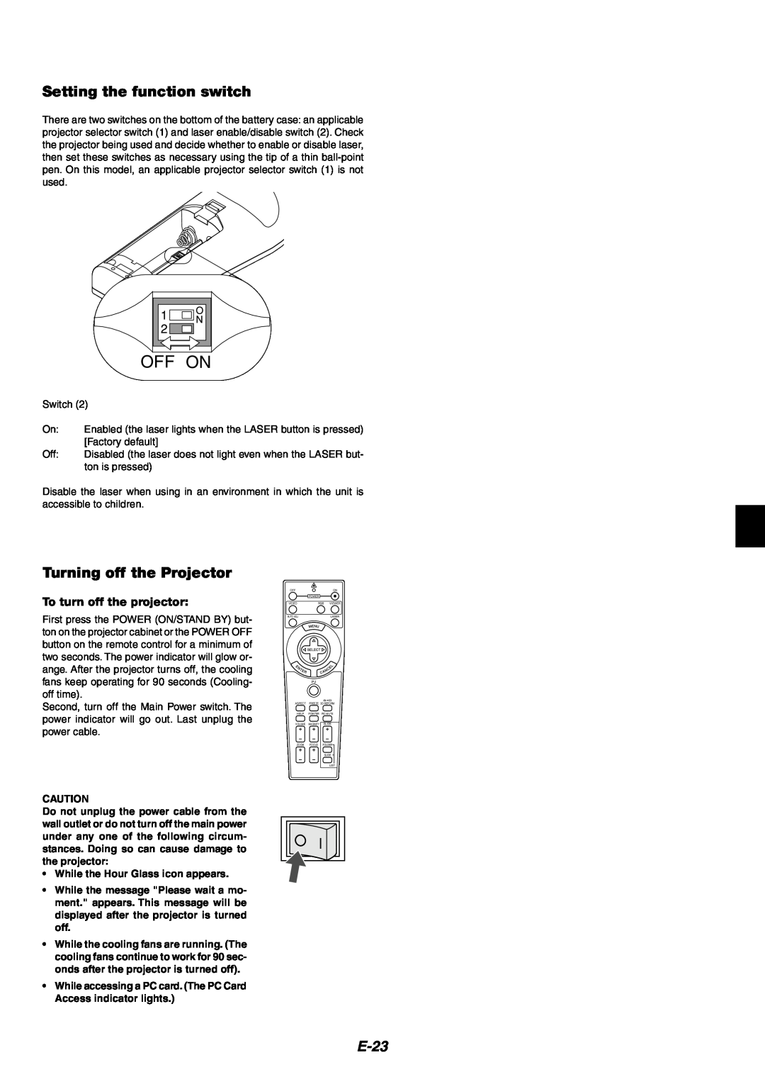 NEC MT1060 user manual Off On, Setting the function switch, Turning off the Projector, E-23, To turn off the projector 