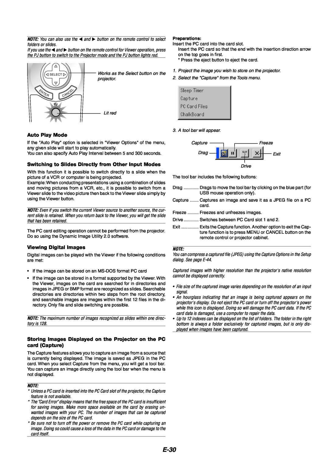 NEC MT1060 user manual E-30, Auto Play Mode, Viewing Digital Images 
