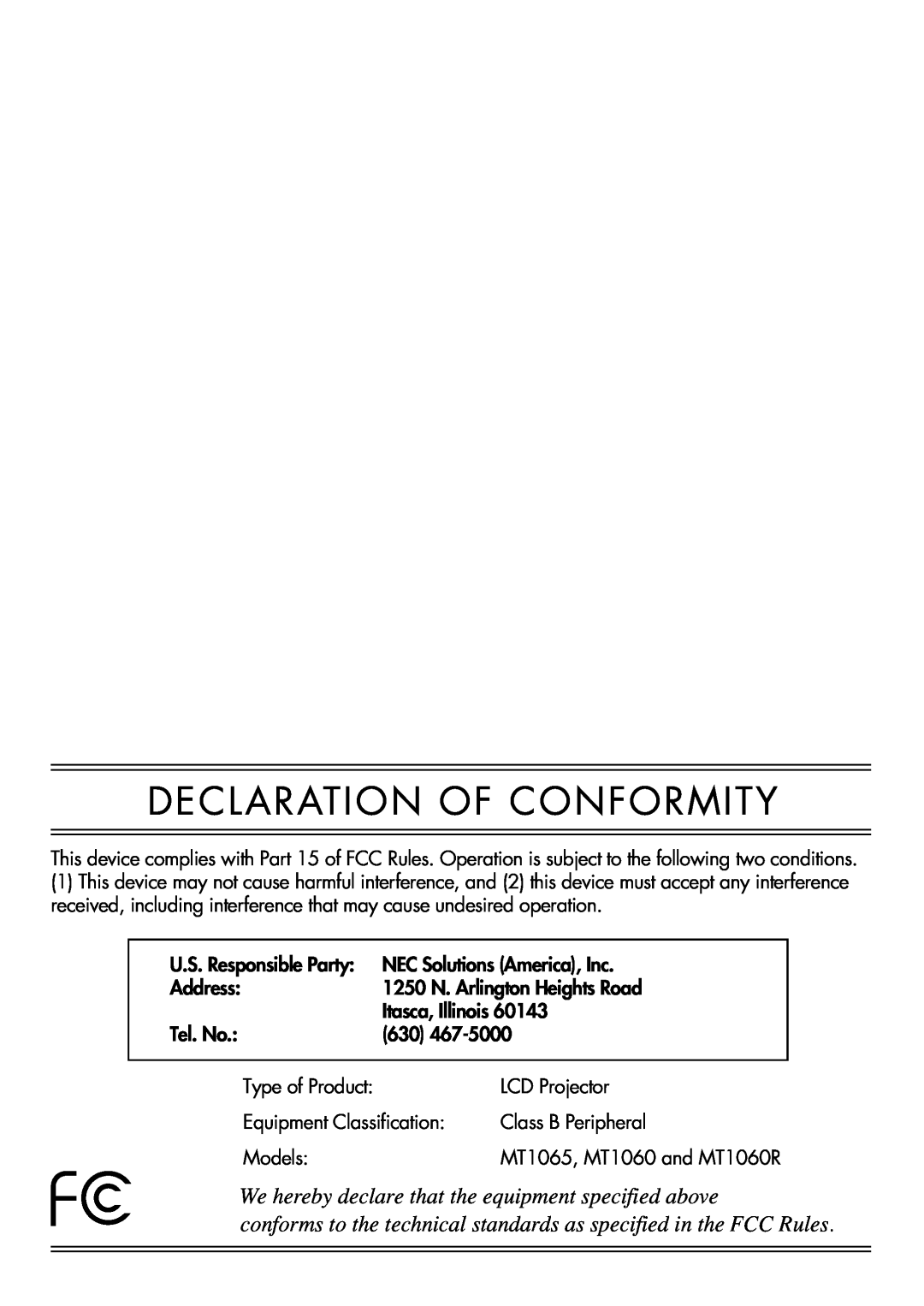NEC MT1060 user manual Declaration Of Conformity 