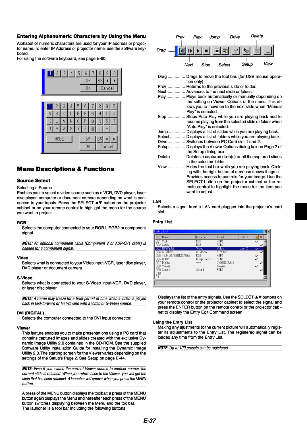 NEC MT1060 user manual Menu Descriptions & Functions, E-37, Source Select 