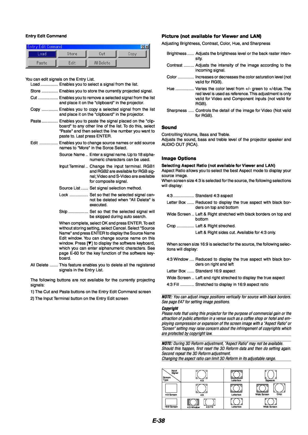 NEC MT1060 user manual E-38, Picture not available for Viewer and LAN, Sound, Image Options, Copyright 