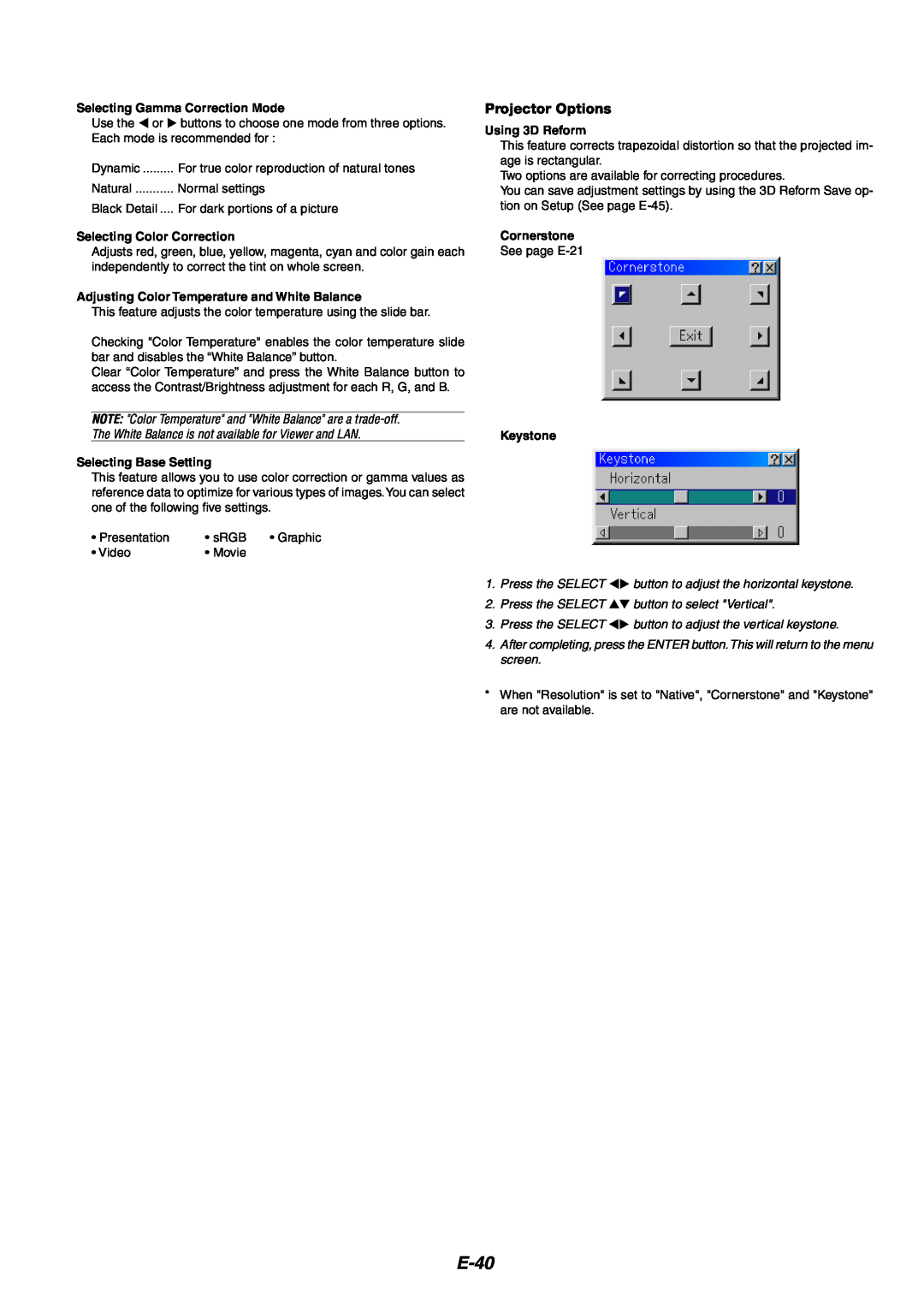 NEC MT1060 user manual E-40, Projector Options 