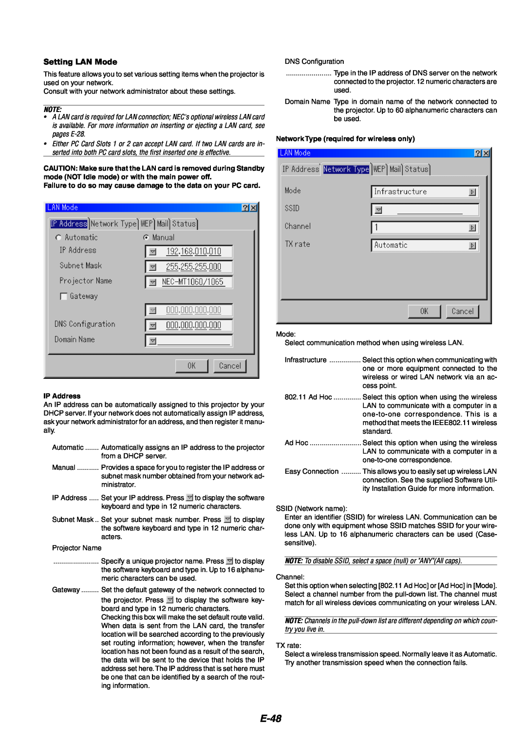 NEC MT1060 user manual E-48, Setting LAN Mode 