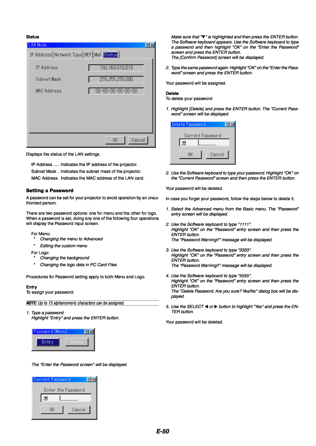 NEC MT1060 user manual E-50, Setting a Password 