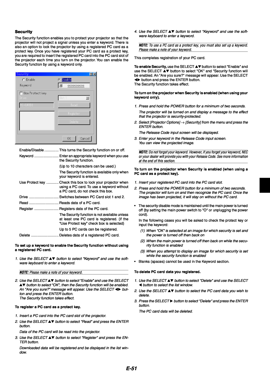 NEC MT1060 user manual E-51, Security, To register a PC card as a protect key 