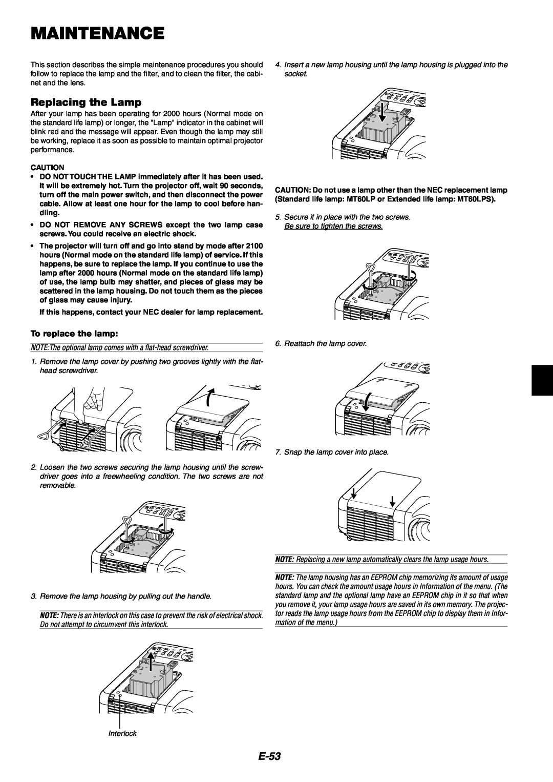 NEC MT1060 user manual Maintenance, Replacing the Lamp, E-53, To replace the lamp 