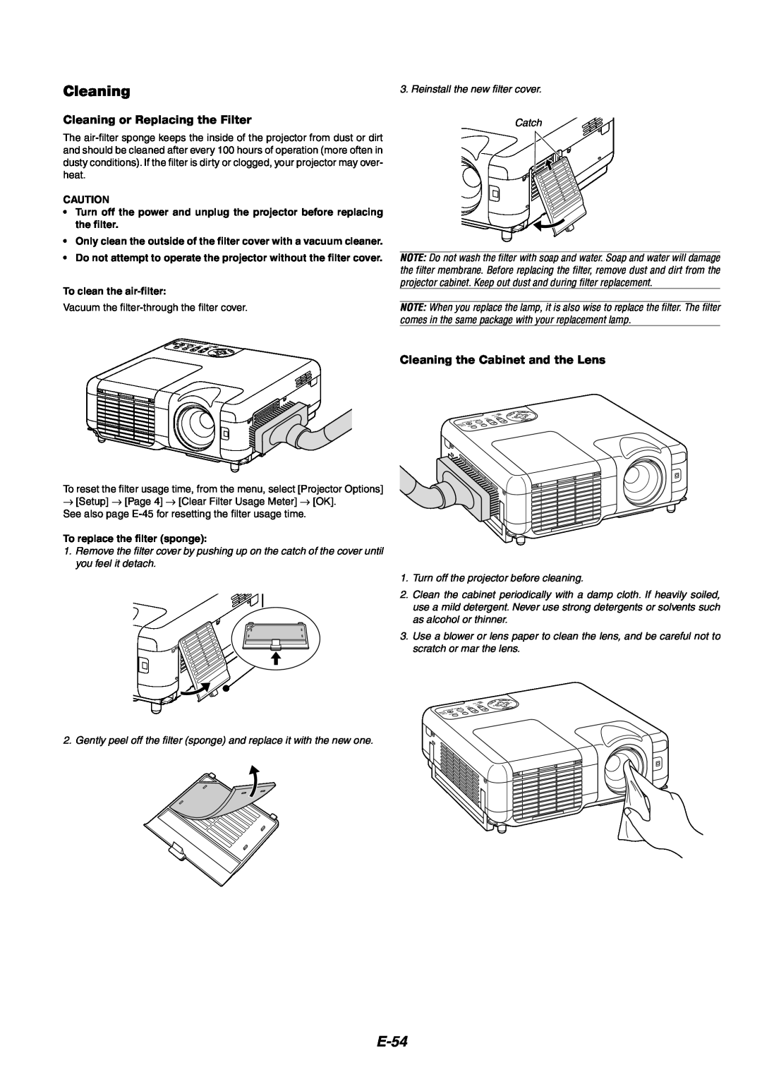 NEC MT1060 user manual E-54, Cleaning or Replacing the Filter, Cleaning the Cabinet and the Lens 