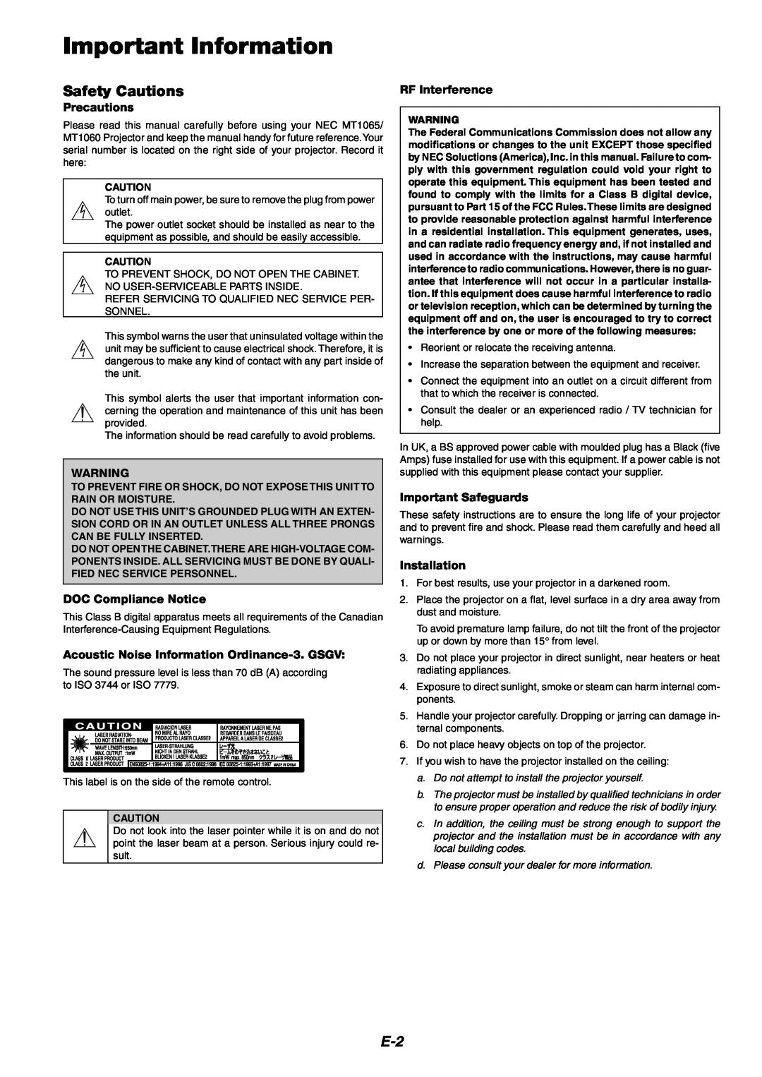 NEC MT1060 Important Information, Safety Cautions, Precautions, DOC Compliance Notice, RF Interference, Installation 